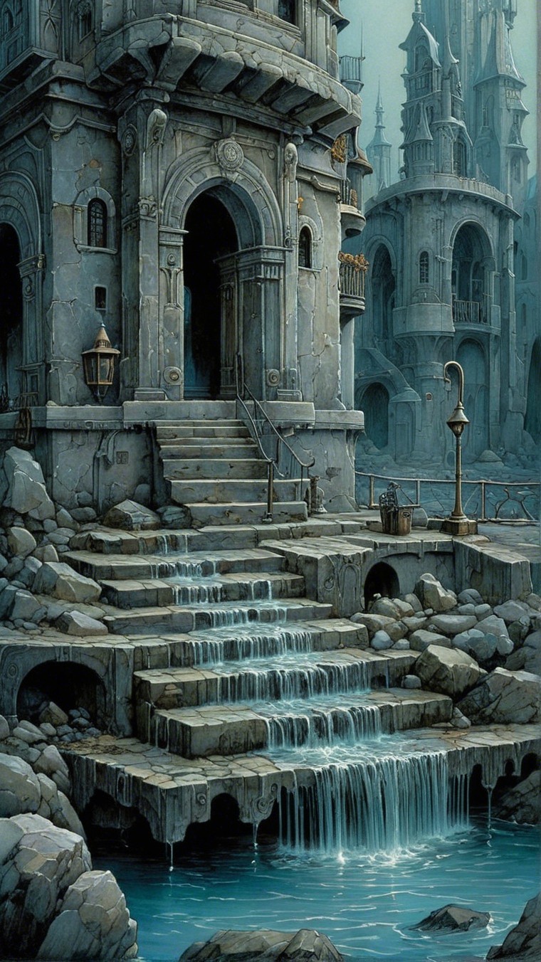 Ancient Structure with Gothic Spires and Stream