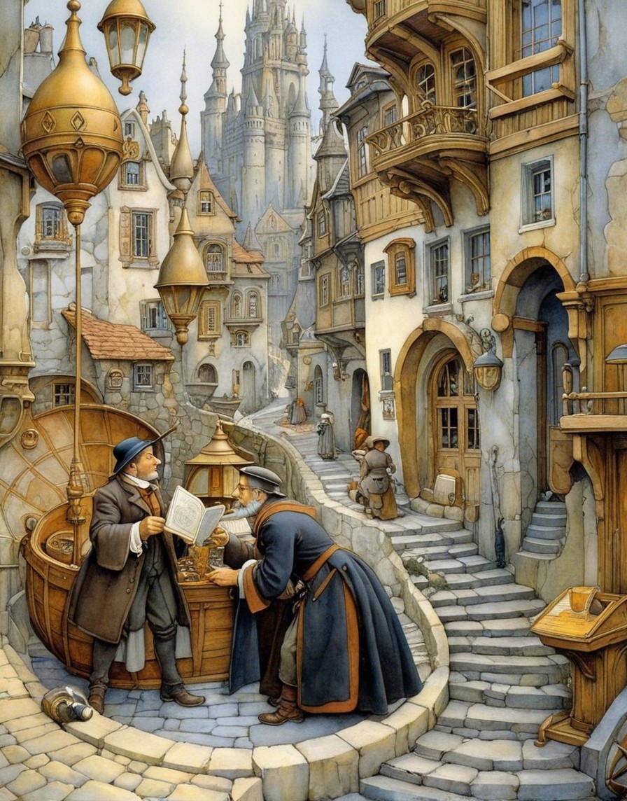 Whimsical village with cobblestone street and castle