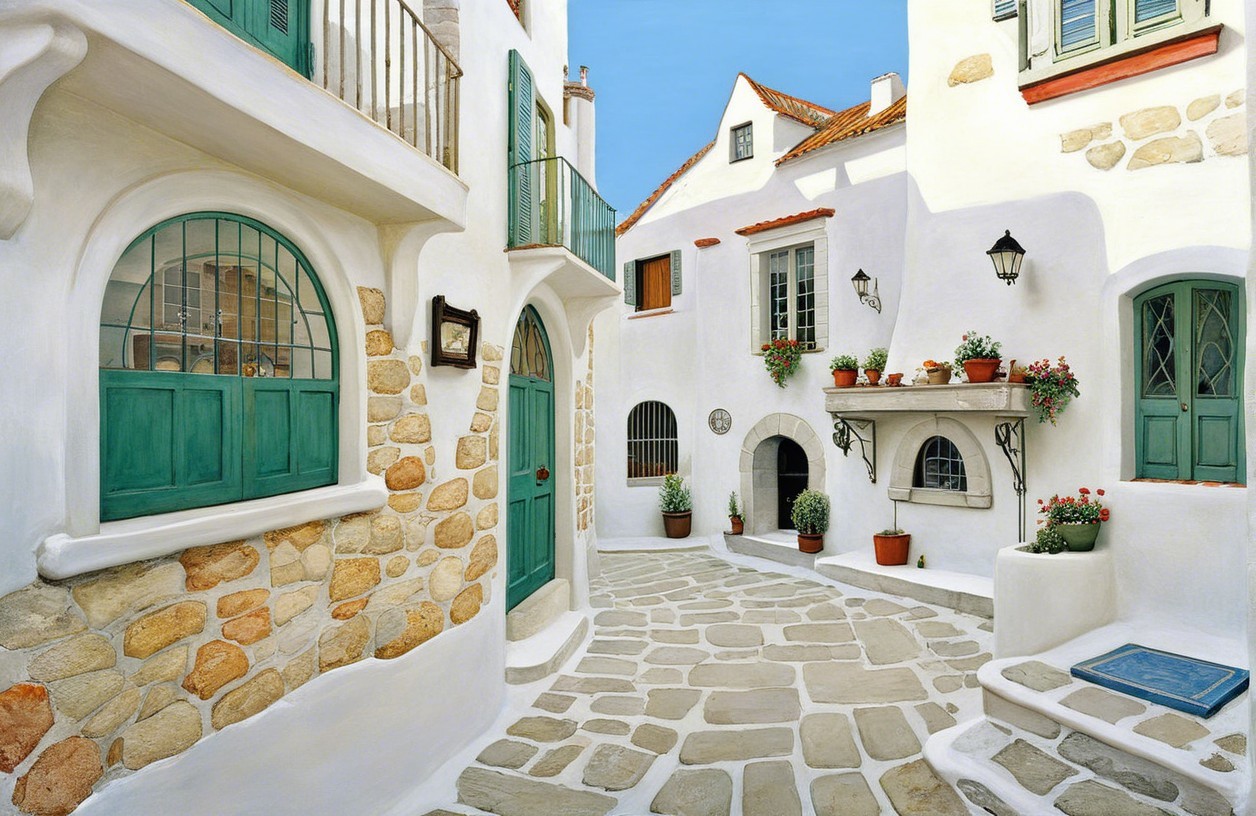 Charming Sunlit Alleyway with Whitewashed Buildings