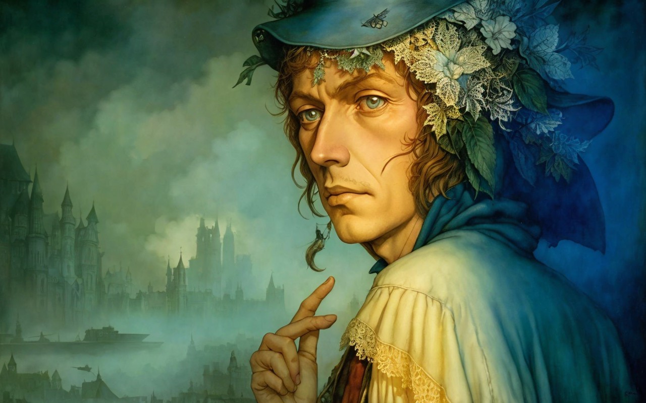 Contemplative Figure in Ethereal Cityscape Setting