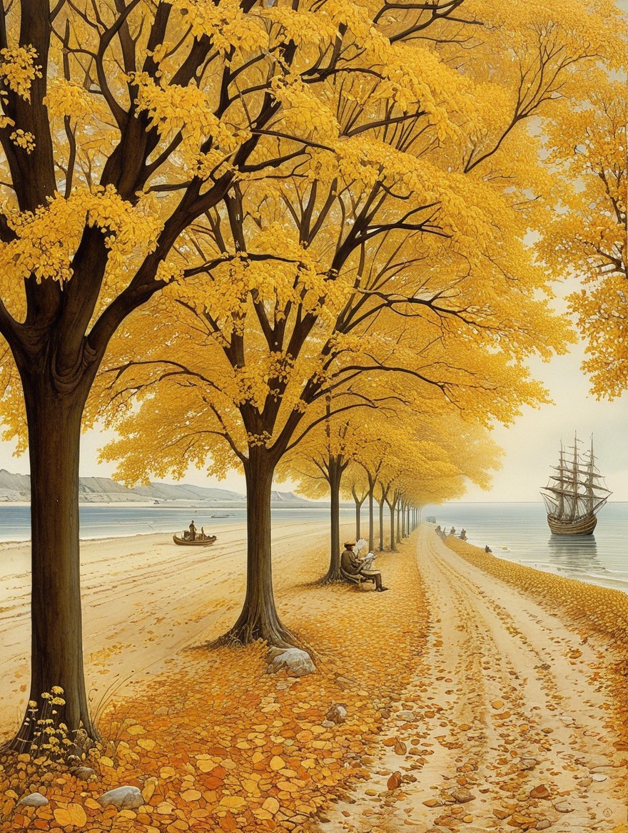 Tree-Lined Path with Autumn Leaves and Beach View