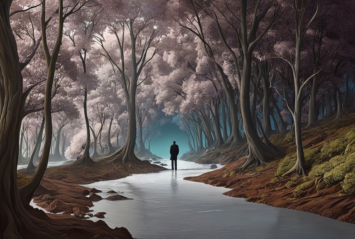 Serene Forest Scene with Blossoming Trees and Stream
