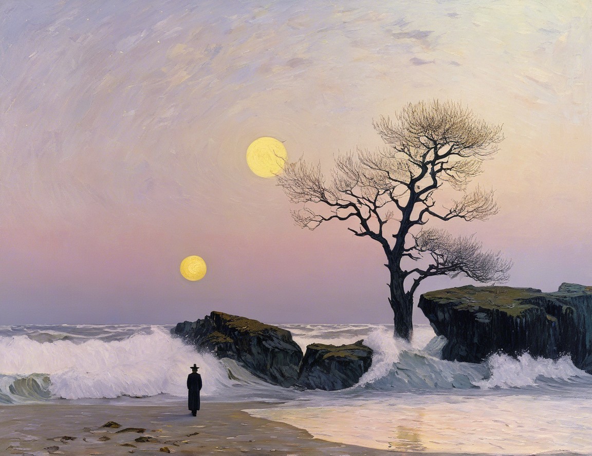 Solitary Figure on Shore with Dual Suns and Waves