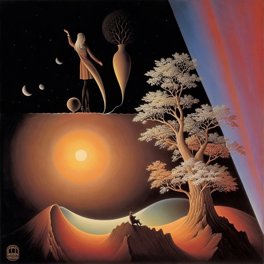 Surreal Landscape with Night Sky and Sunlit Desert