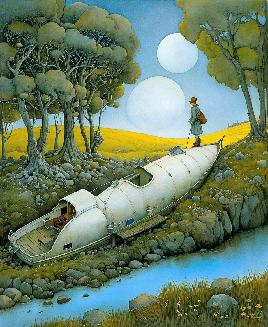 Whimsical Landscape with Elongated Boat and Moons