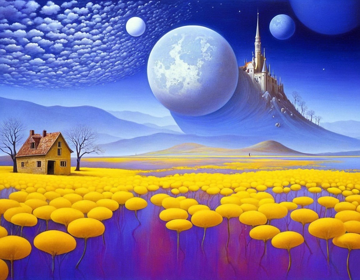 Surreal Landscape with Flowers, Castle, and Planets