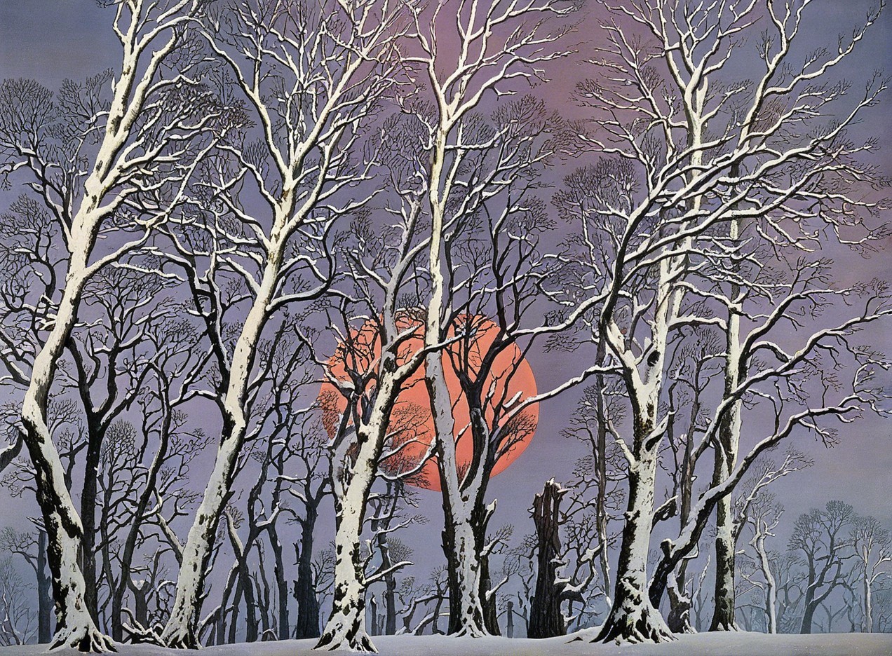 Winter Scene with Red Moon and Snow-Covered Trees