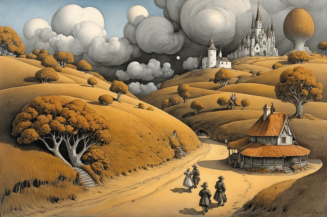 Whimsical Landscape with Cottage and Castle Elements