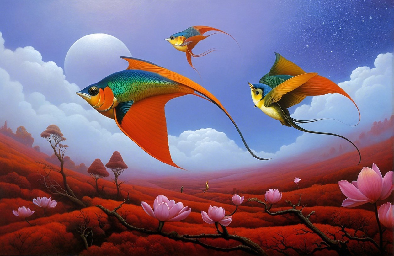 Surreal landscape with red hills and pink lotus flowers