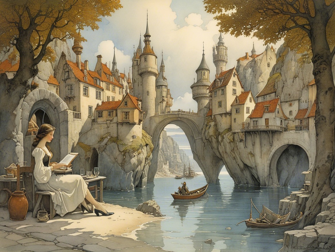 Serene Landscape with Woman Reading by Tranquil River