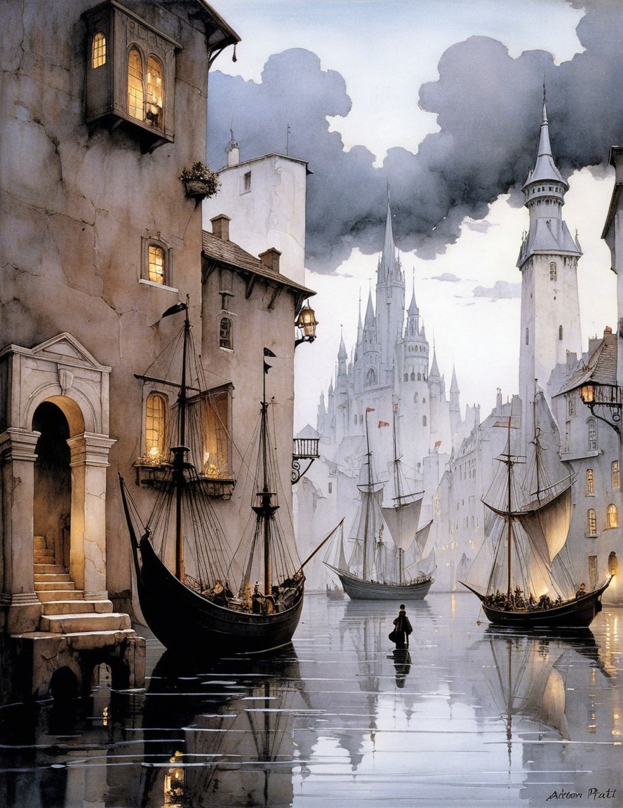 Serene Waterway Scene with Lantern Light and Gothic Architecture