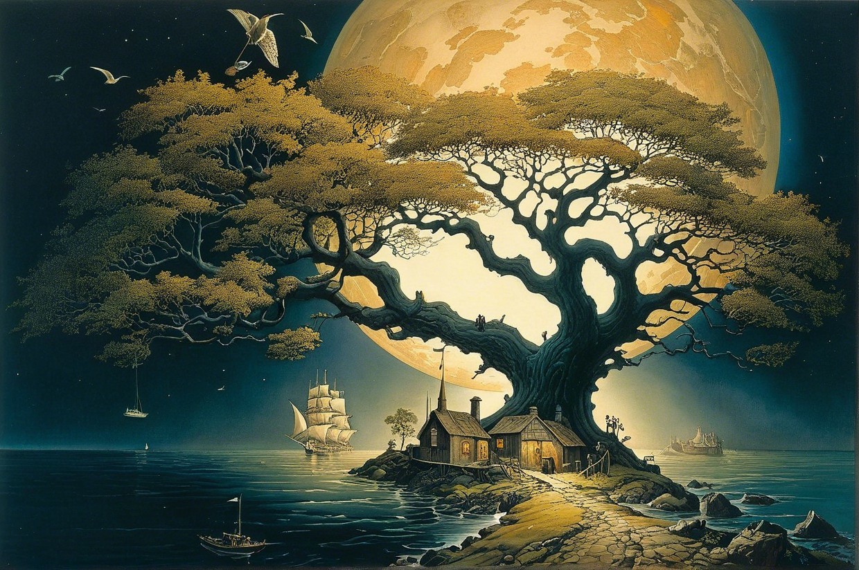 Surreal Landscape with Tree, Water, and Moonlight