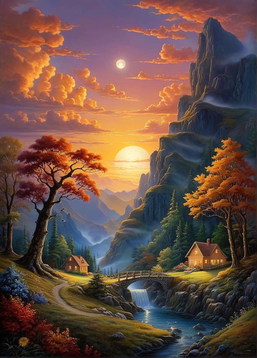 Serene Sunset Landscape with Houses and River