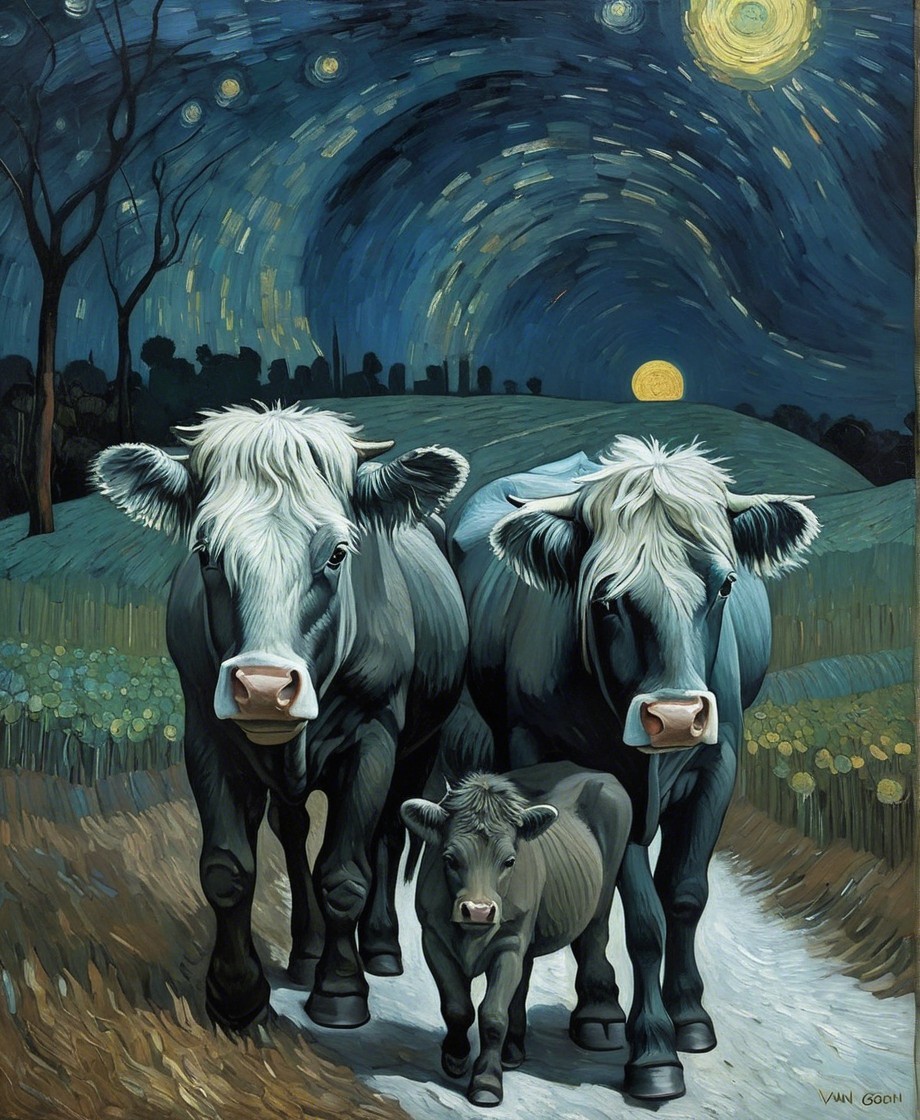 Cows and Calf Walking Under Starry Night Sky