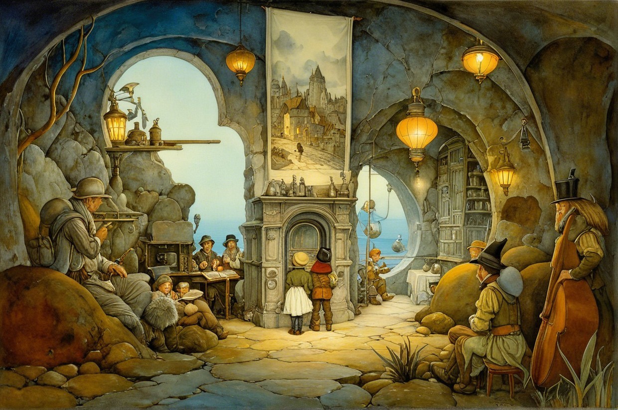 Whimsical Indoor Scene with Children and Seaside View
