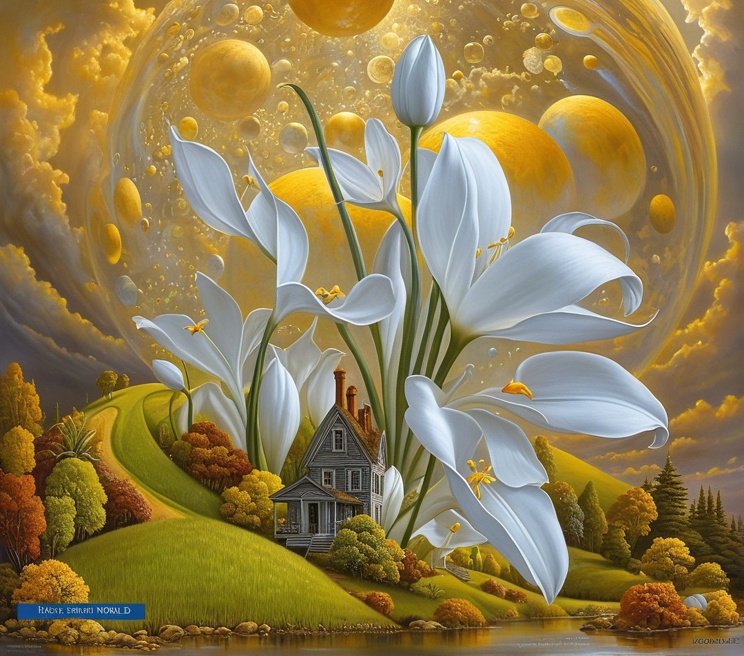 Whimsical Landscape with House and Vibrant Hills