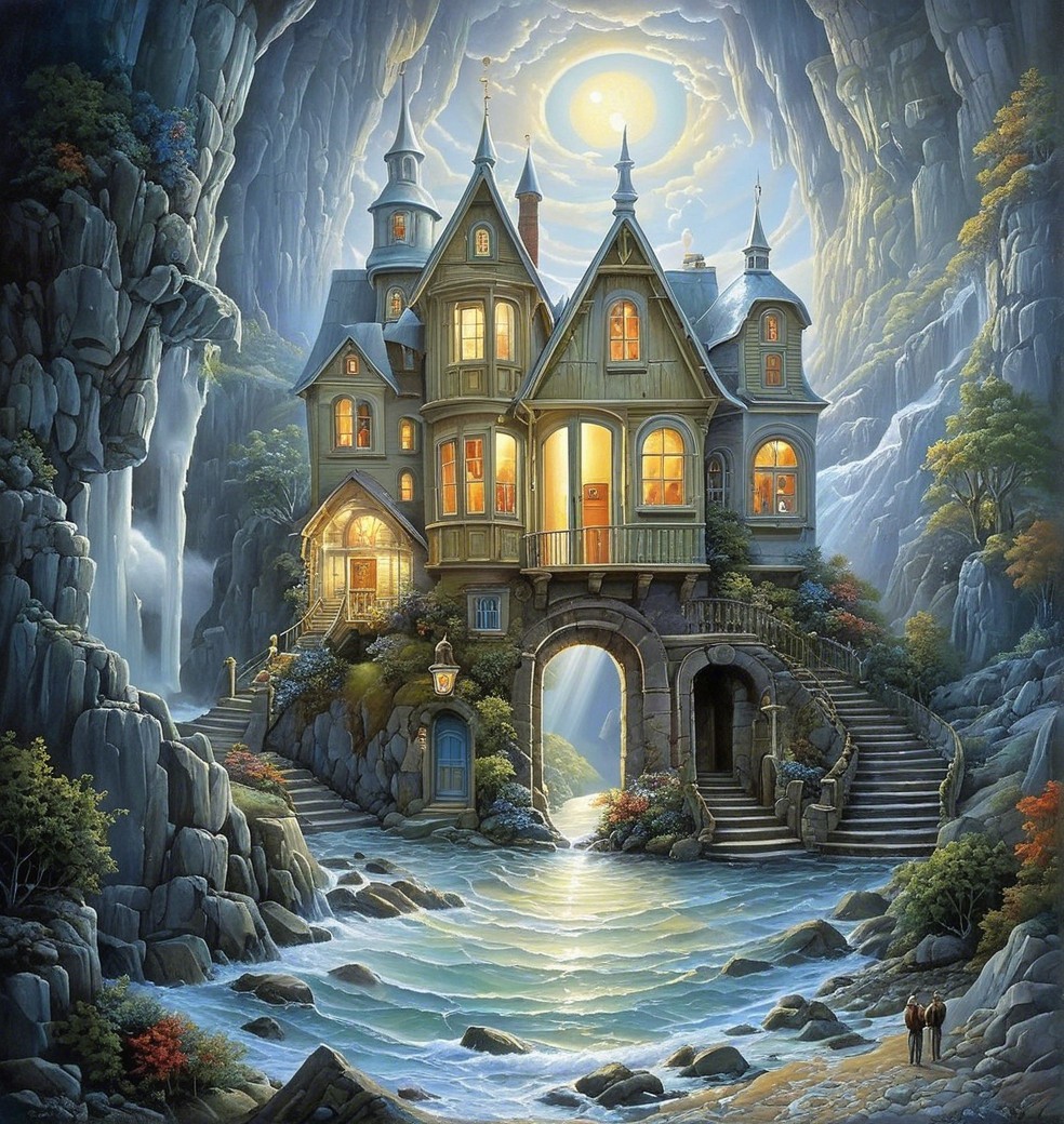 Whimsical castle on rocky archway under moonlight