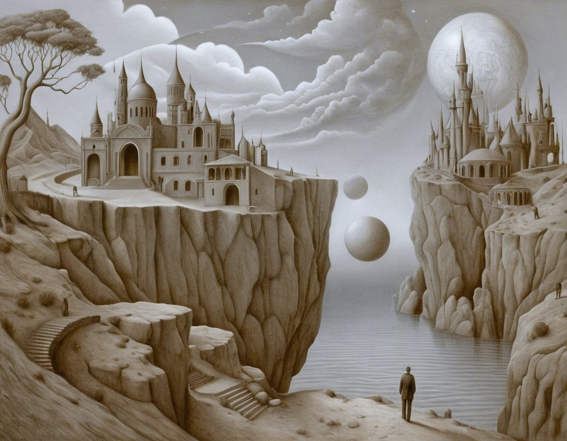 Surreal Landscape with Floating Spheres and Castles