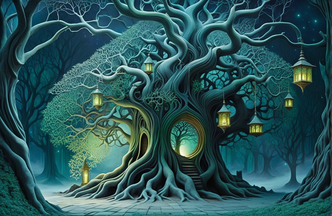Intricately Twisted Tree in an Enchanted Forest Scene