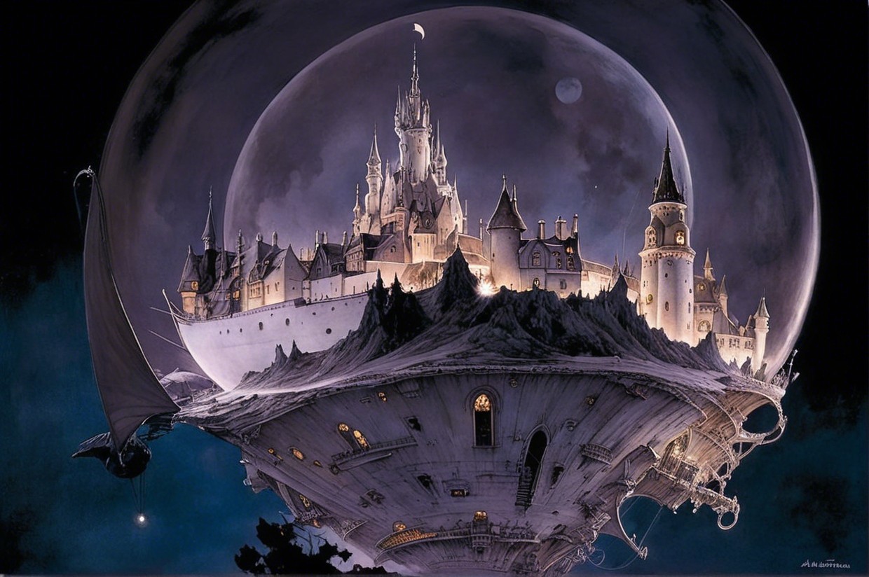 Floating Castle Under a Glass Dome at Night