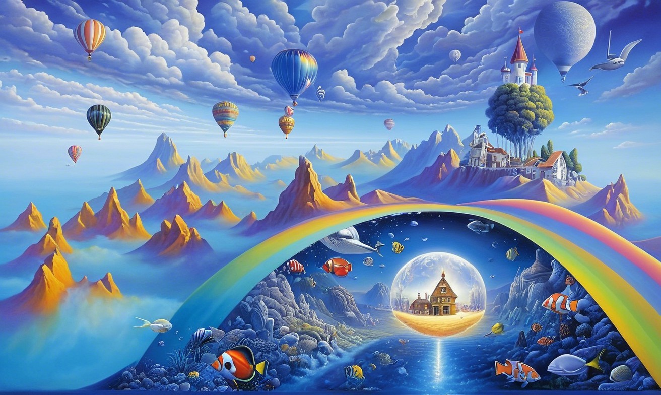 Surreal Landscape with Hot Air Balloons and Rainbow