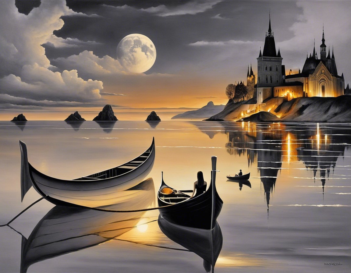Serene Night Scene with Moonlit Lake and Boats