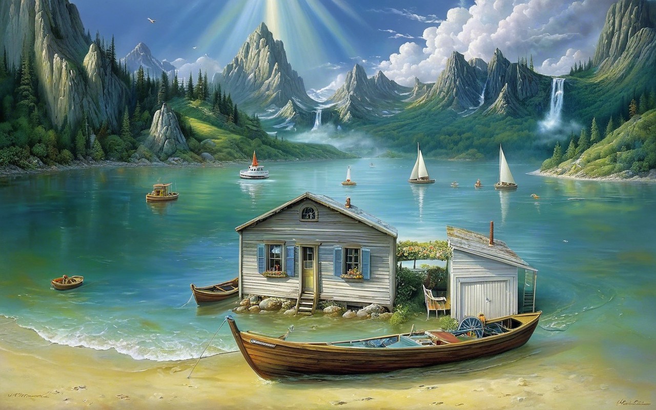 Lakeside Scene with Wooden House and Mountains