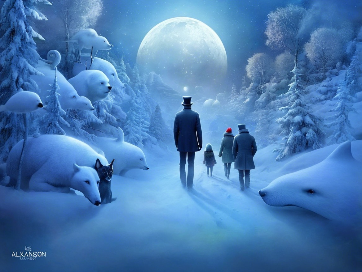 Snowy Landscape with Figures and Arctic Wildlife