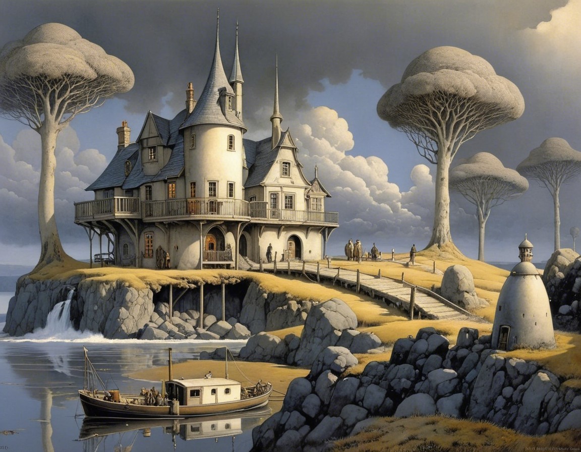 Whimsical Castle on Rocky Outcrop with Tranquil Water