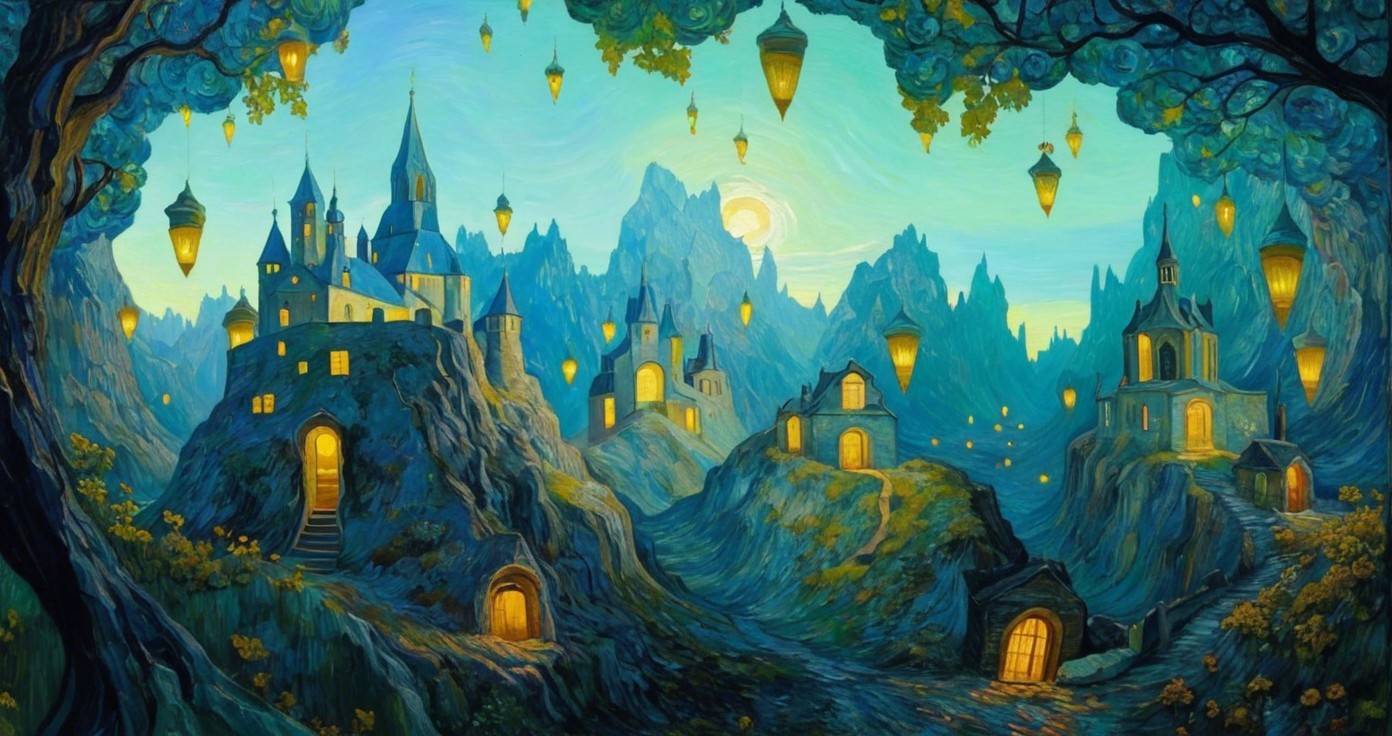 Whimsical Landscape with Enchanting Castles and Lanterns