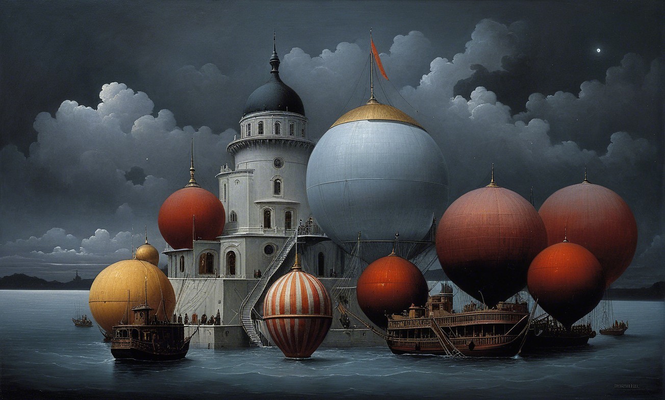 Whimsical Castle Surrounded by Colorful Hot Air Balloons