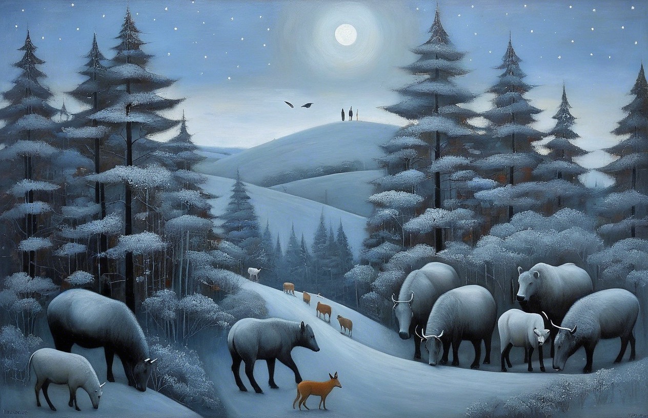 Moonlit Winter Landscape with Silhouetted Trees and Animals