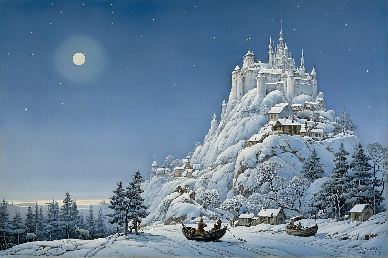 Snowy Mountain Castle Under Moonlit Sky