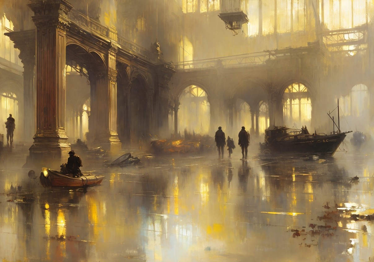 Surreal painting of people in boats in flooded classical hall