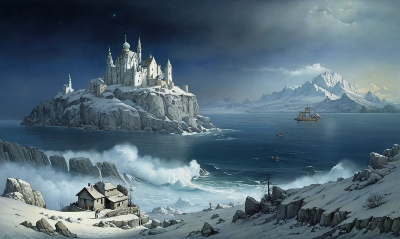 Seascape with Castle on Rocky Island at Twilight