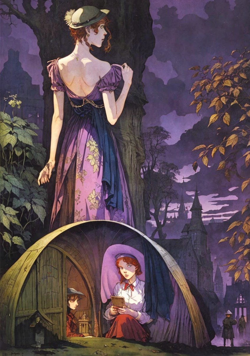 Illustration of a woman in purple dress and hidden chamber