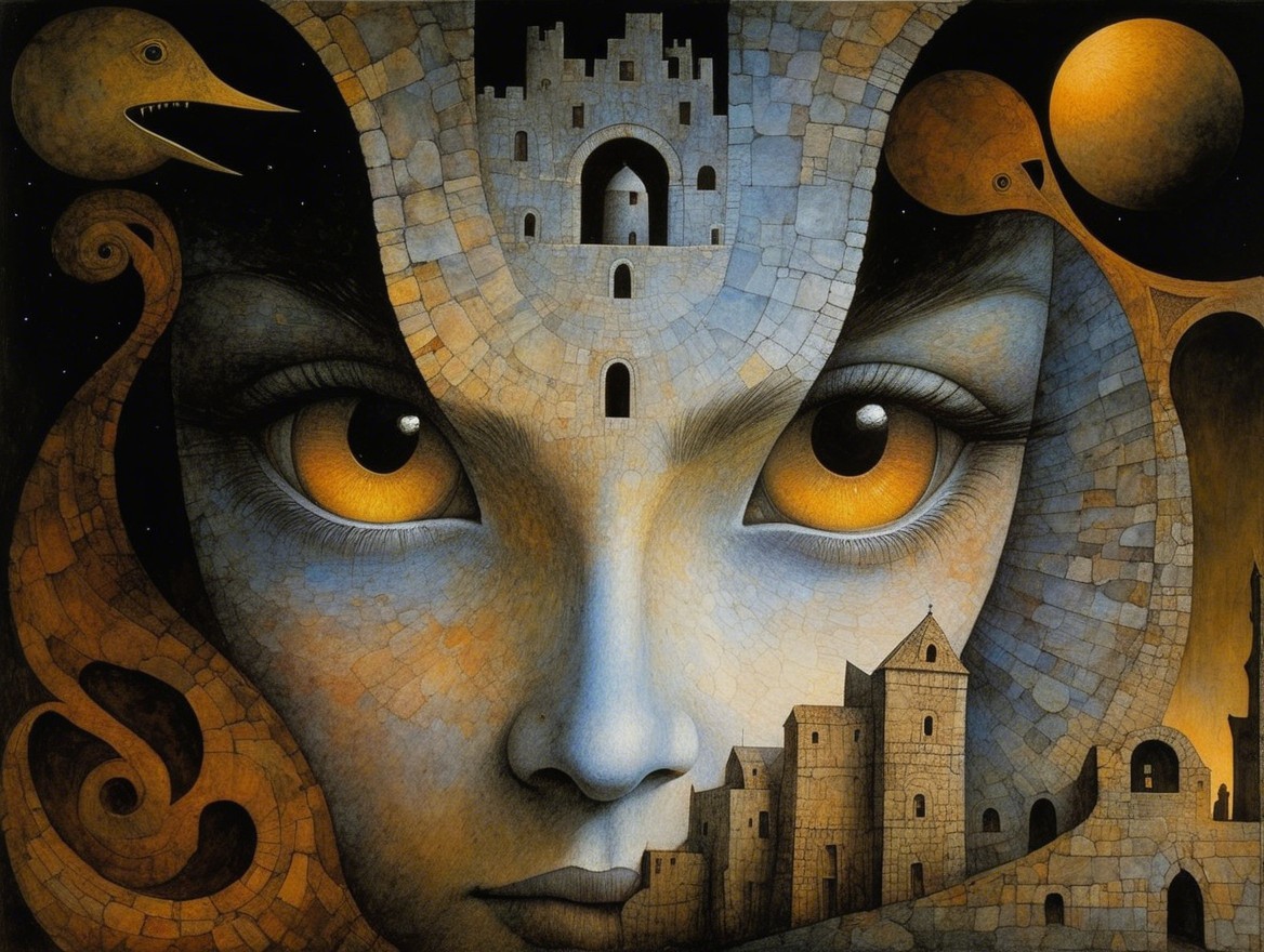 Surreal Artwork with Expressive Face and Castle