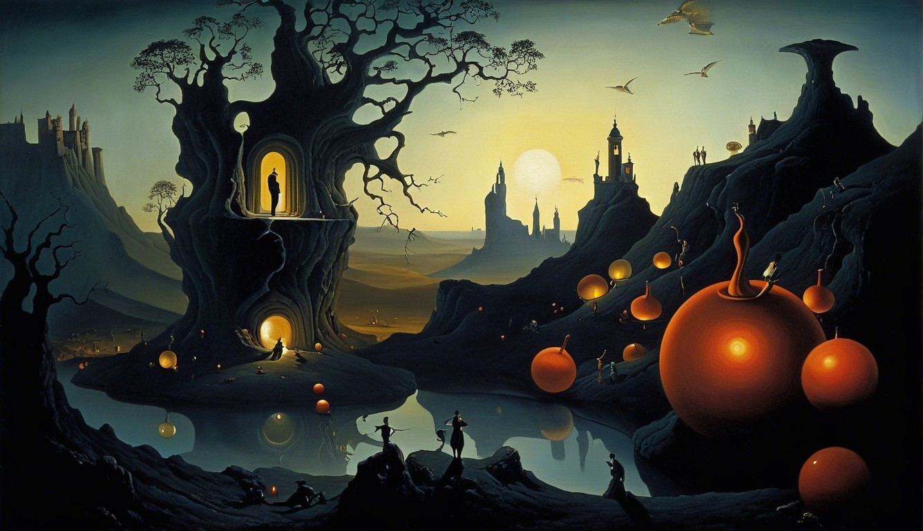 Surreal Landscape with Glowing Tree and Castles