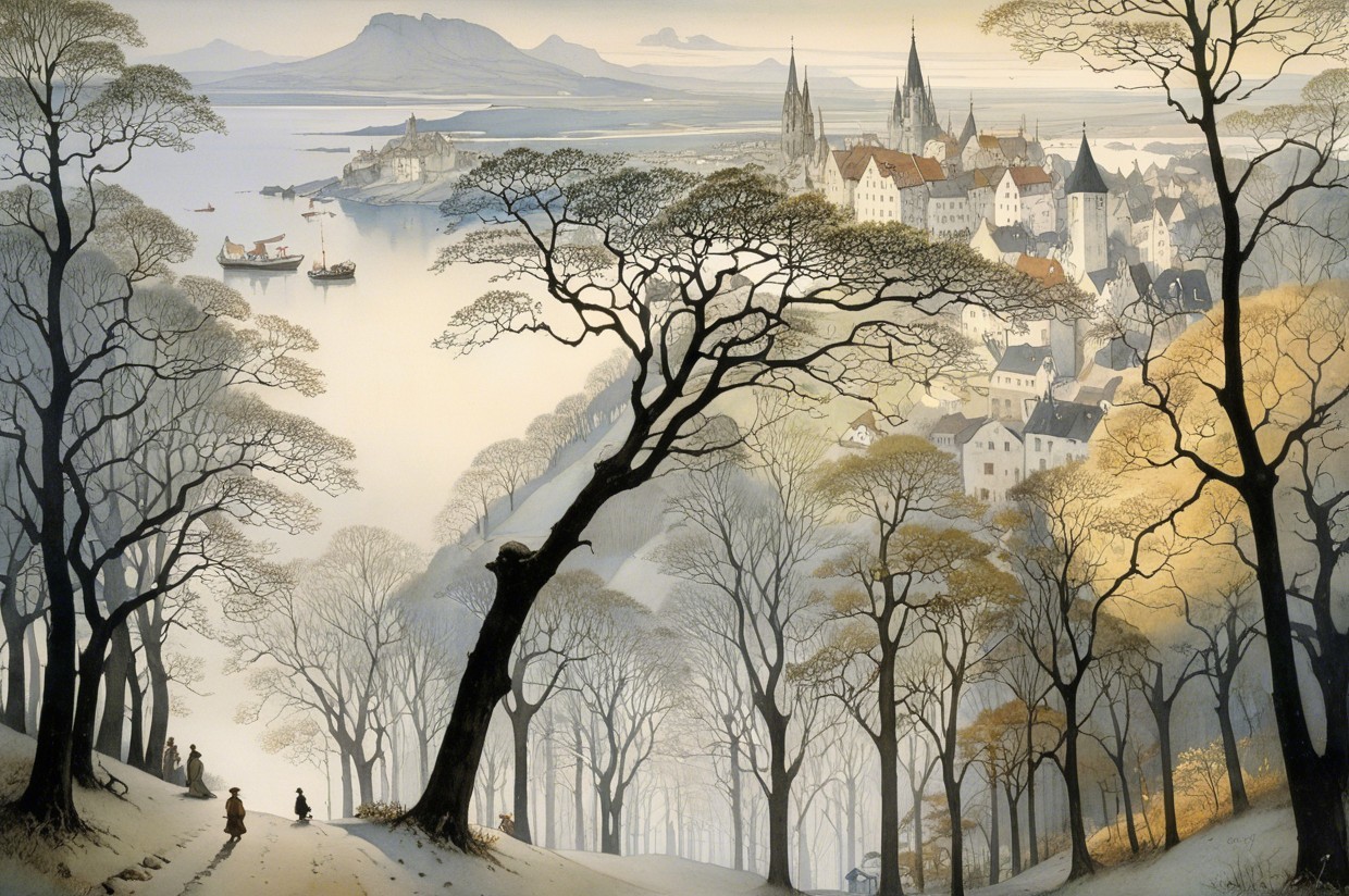 Winter Landscape with Village and Distant Mountains
