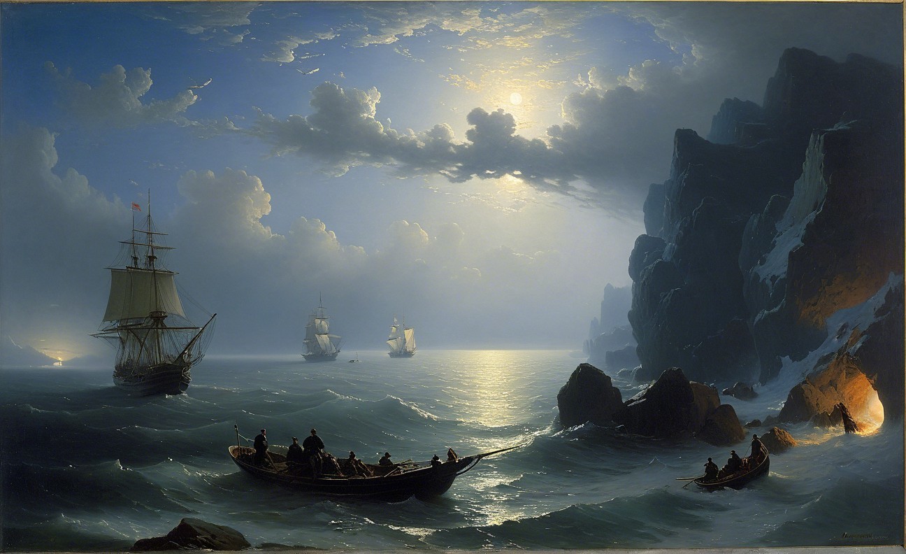 Moonlit Maritime Landscape with Ships and Cliffs