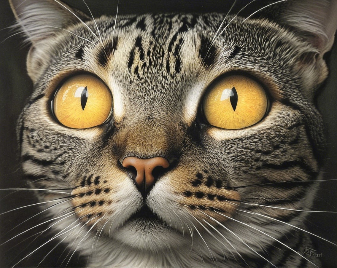 Close-up of a cat's face with vivid yellow eyes