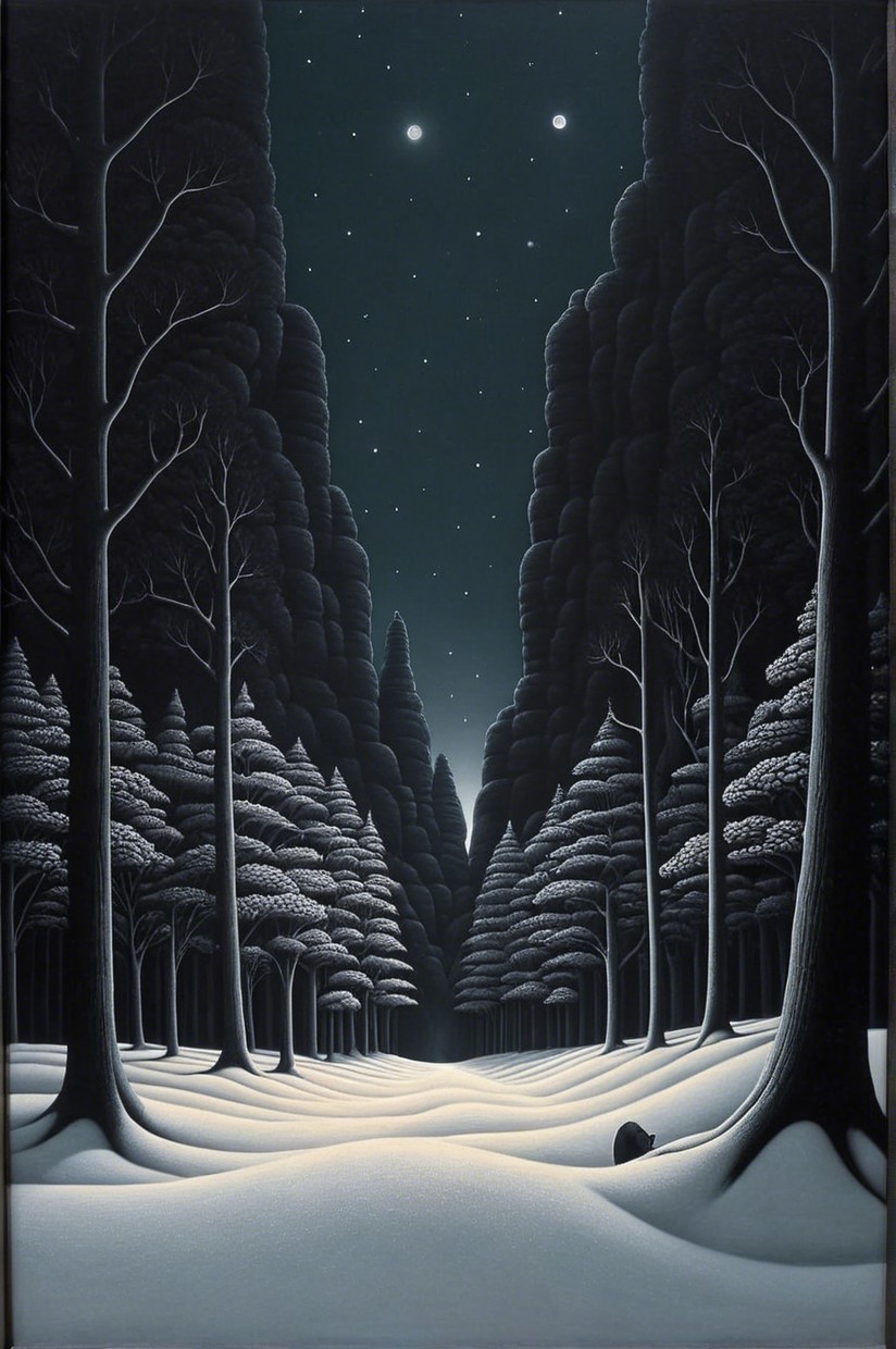 Serene Night in a Snowy Forest