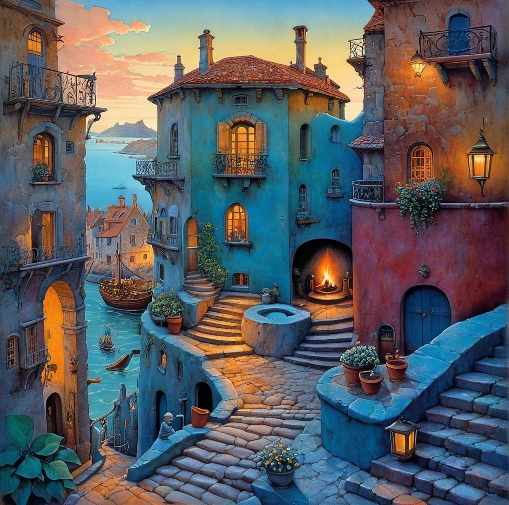 Coastal Village at Twilight with Cobblestone Streets