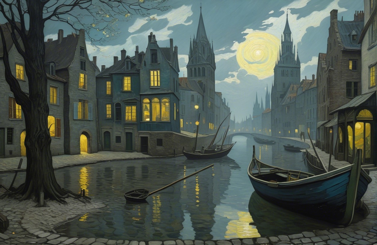 Serene Canal Scene with Historic Buildings and Moonlight