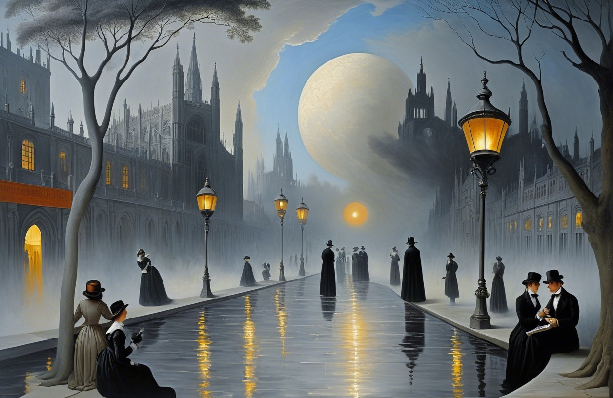 Foggy Moonlit Street with Victorian Figures and Lamps