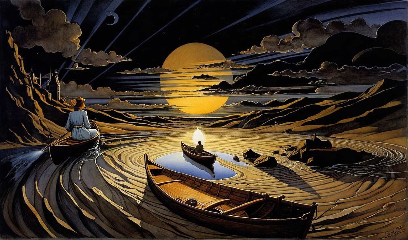 Dreamlike Landscape with Boats and Glowing Moon