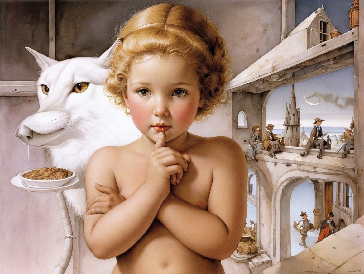 Whimsical Artwork of Child and White Wolf in Fantasy Scene