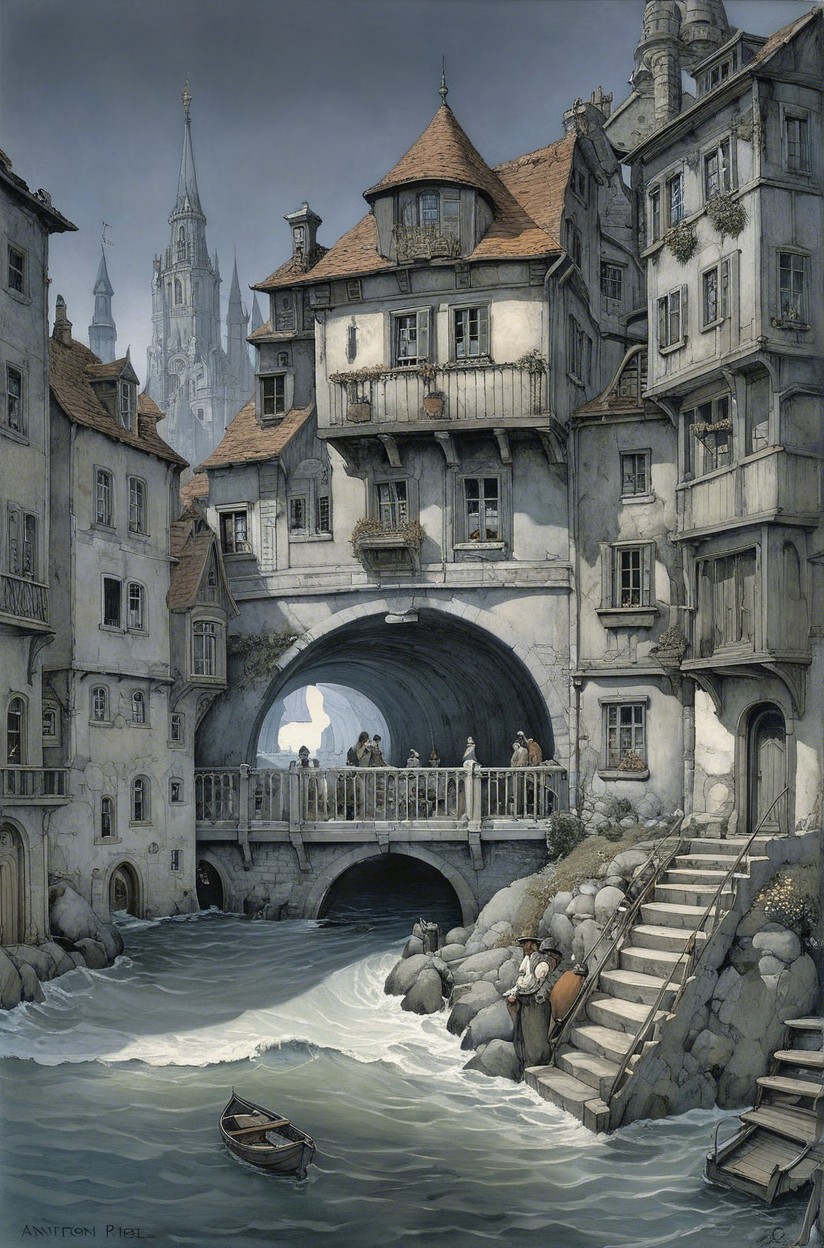 Quaint riverside village with charming architecture