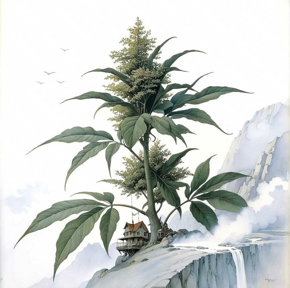 Towering Tree House on Cliff with Waterfalls and Birds