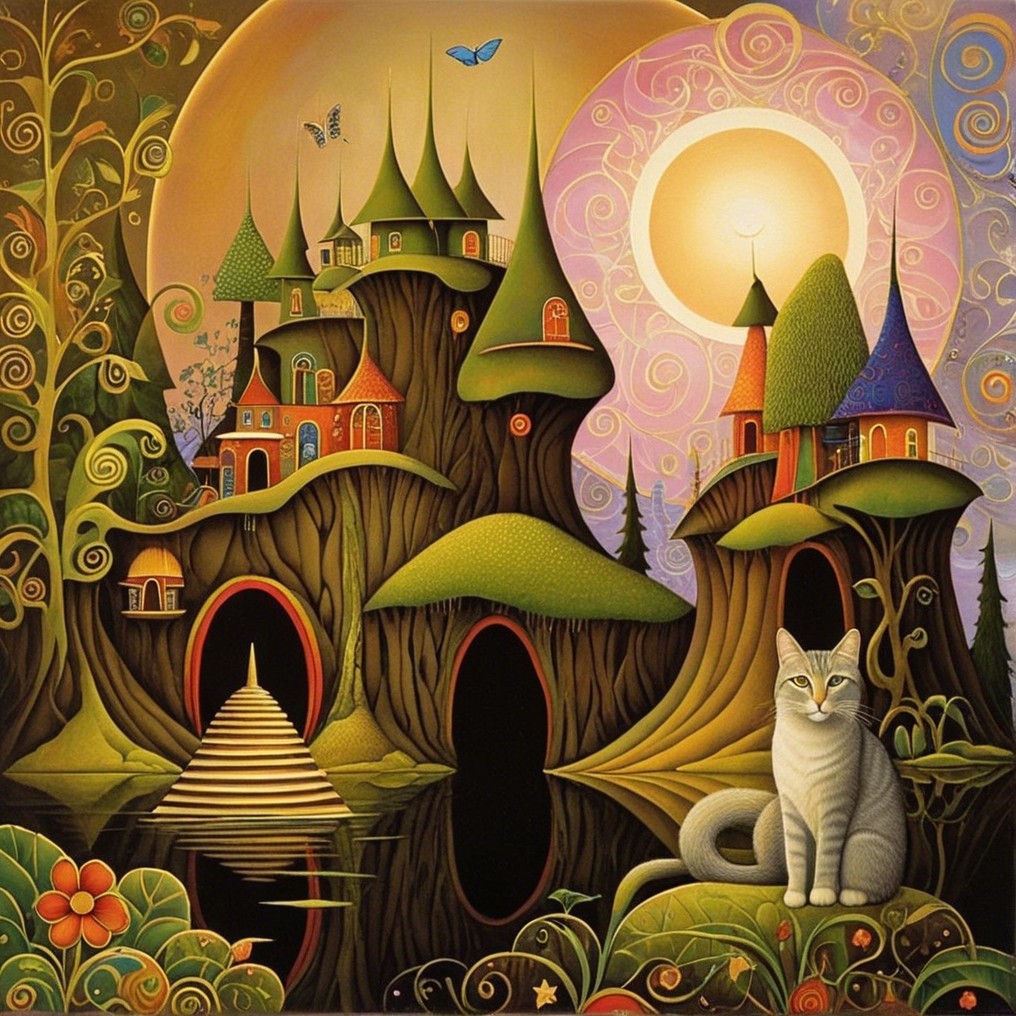Whimsical Landscape with Oversized Trees and Water Body